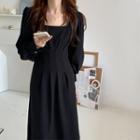 Square-neck Balloon-sleeve Midi A-line Dress Black - One Size