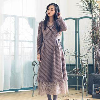 Long-sleeve Lace Panel Midi A-line Knit Dress
