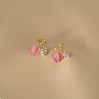 Rhinestone Peach Stud Earring 1 Pair - Pink & Gold - One Size
