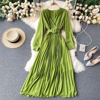 V-neck Long-sleeve Accordion Pleat Dress