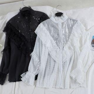 Bell-sleeve Sequined Panel Blouse