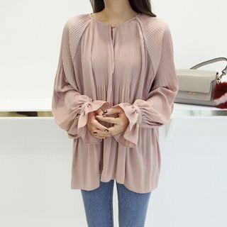 Blouson-sleeve Pleated Blouse
