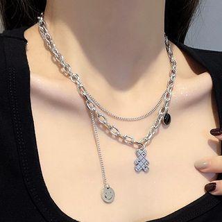 Bear Smiley Pendant Stainless Steel Necklace Silver - One Size