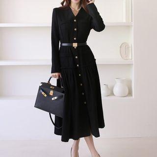 Long-sleeve V-neck Single-breasted Plain Dress