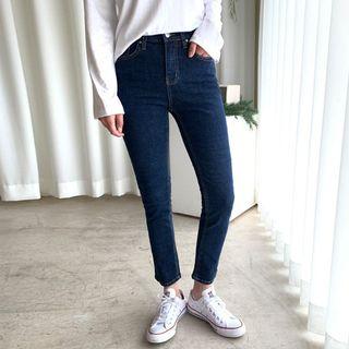 Raw-denim Stitched Straight-cut Jeans