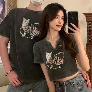 Couple Matching Short-sleeve Cat Print T-shirt (various Designs)