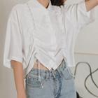 Asymmetric-collar Short-sleeve Drawstring Shirt
