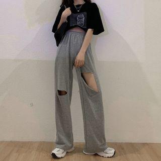 High-waist Ripped Straight-cut Pants