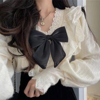 Bow Lace Panel Blouse / High Waist Mini A-line Skirt