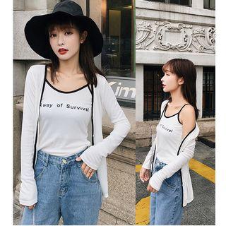 Set: Lettering Camisole Top + Piped Cardigan