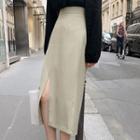 V-neck Blouse / Slit Straight-fit Midi Skirt / Set