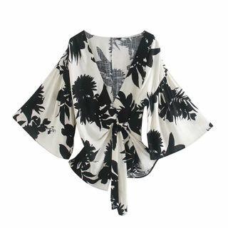 Flare-sleeve Printed Shirt / Skirt