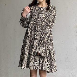 Long-sleeve Leopard Print Mini A-line Dress Leopard - Almond - One Size