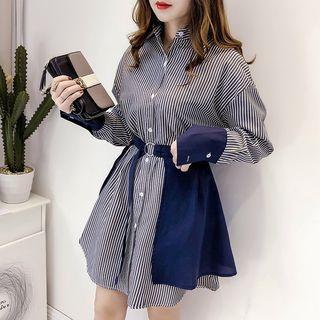 Long-sleeve Panel Pinstriped Shirt Dress