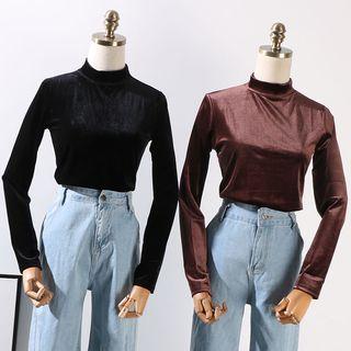 Mock-neck Velvet Long-sleeve T-shirt Red - One Size