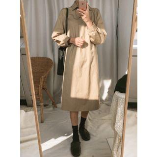 Open-placket Puff-sleeve Midi Shirtdress