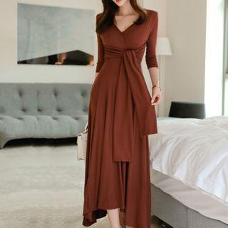 3/4-sleeve Tie-waist Knit Midi A-line Dress