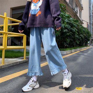 Cropped Wide-leg Frill Trim Jeans