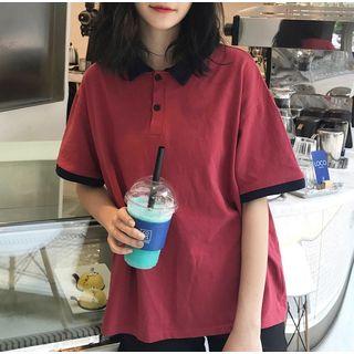 Polo Collar Color Block Top
