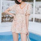Set: Lace Up Tankini + Short-sleeve Flower Print Mini Dress