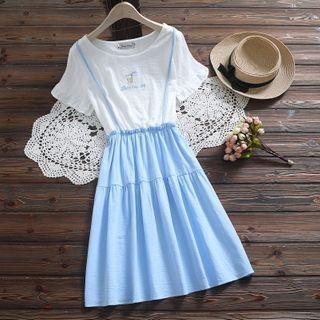 Mock Two-piece Short-sleeve Embroidered Midi A-line Dress