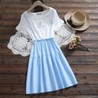 Mock Two-piece Short-sleeve Embroidered Midi A-line Dress