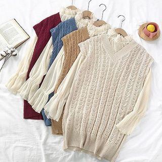 Plain V-neck Cable-knit Vest / Plain Chiffon Flare-sleeve Top