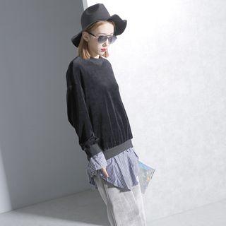 Mock Two-piece Striped-panel Velvet Pullover