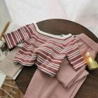 Set: Striped Elbow-sleeve Knit Top + Harem Pants