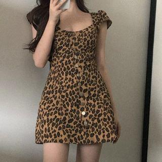 Cap-sleeve Leopard Print Mini A-line Dress Black & Camel - One Size