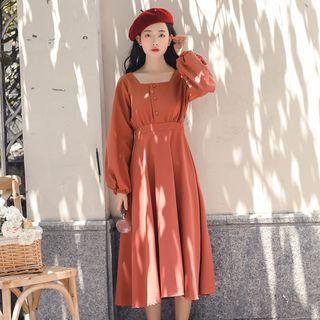 Long-sleeve Button-detail Midi A-line Dress