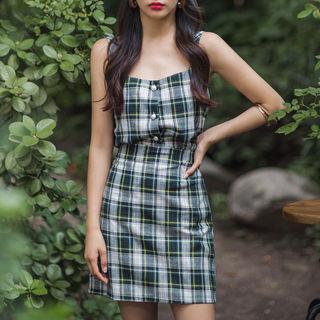 Set: Faux-pearl Button Camisole Top + Plaid Mini Skirt