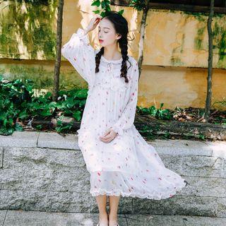 Set: Printed Long-sleeve A-line Dress + Plain Slipdress