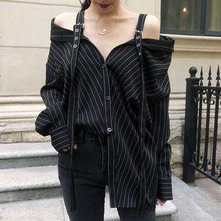 Off Shoulder Pinstriped Shirt Black - One Size