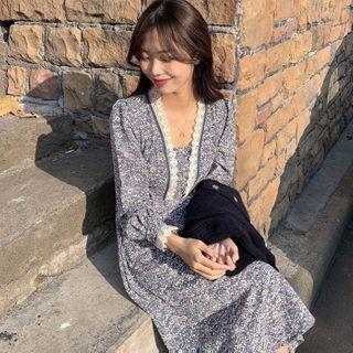 Long-sleeve Floral Print Dress Floral - Blue - One Size