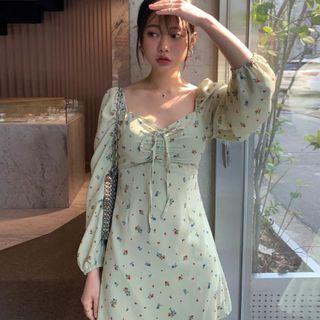 Flower Print Long-sleeve Mini A-line Dress Green - One Size