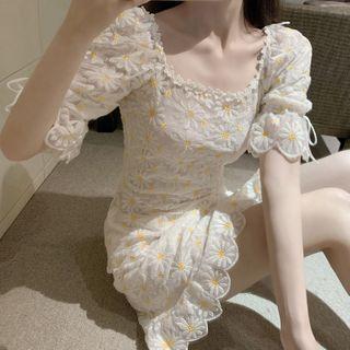Puff-sleeve Floral Embroidered Mini Shift Dress