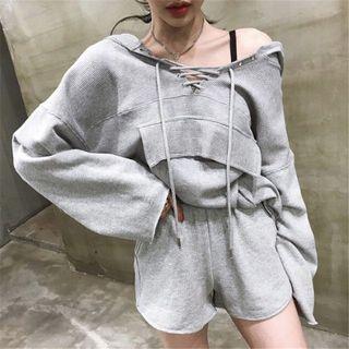 Long-sleeve Lace Up Off-shoulder Top + Plain Shorts