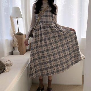 Plaid Sleeveless Midi Dress / Mock Neck Long-sleeve Top