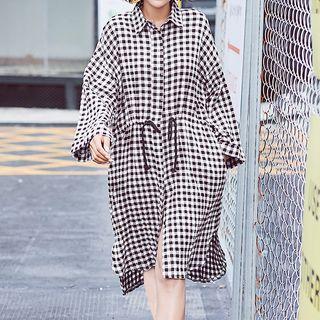 Drawstring Waist Gingham Long Shirt