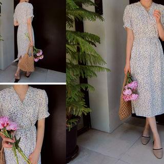 V-neck Floral Print Dress With Cord