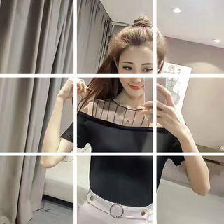 Mesh Panel Cold Shoulder Short-sleeve Knit Top