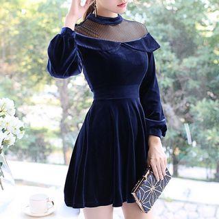 Mesh Panel Velvet Long-sleeve A-line Dress