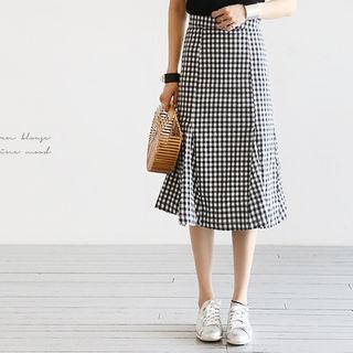 Gingham Godet-hem Midi A-line Skirt