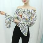 Butterfly Patterned Off-shoulder Chiffon Top