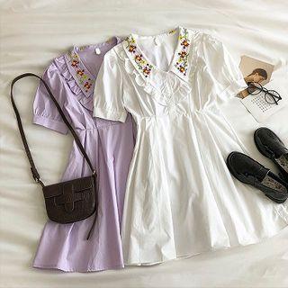 Embroidered V-neck Ruffled-trim Short-sleeve Dress