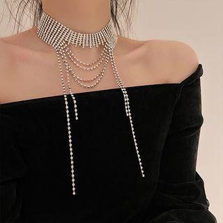 Rhinestone Layered Fringed Choker Silver - One Size