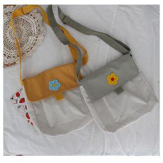 Flower Applique Two Tone Nylon Crossbody Bag