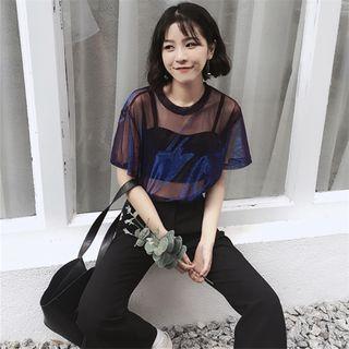 Short-sleeve Sheer Top Purple - One Size