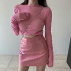 Plain Knit Top / Faux Leather Mini A-line Skirt